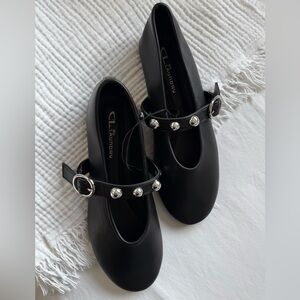 CL by Laundry Black Faux Leather Mary Jane Ballet Flats Silver Stud Size 7